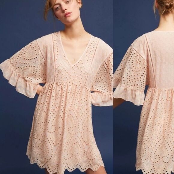 Anthropologie Akemi And Kin Brooke Eyelet Swing Pink Peach Swing Dress Large 10 - Picture 1 of 16